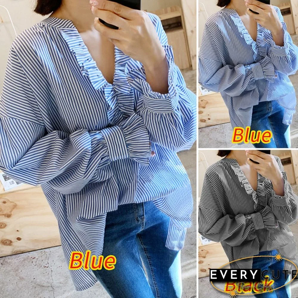 VONDA Plus Size Women Casual Blouse Long Sleeve V Neck Ruffle-Trim Striped Shirt Loose Tunic Tops