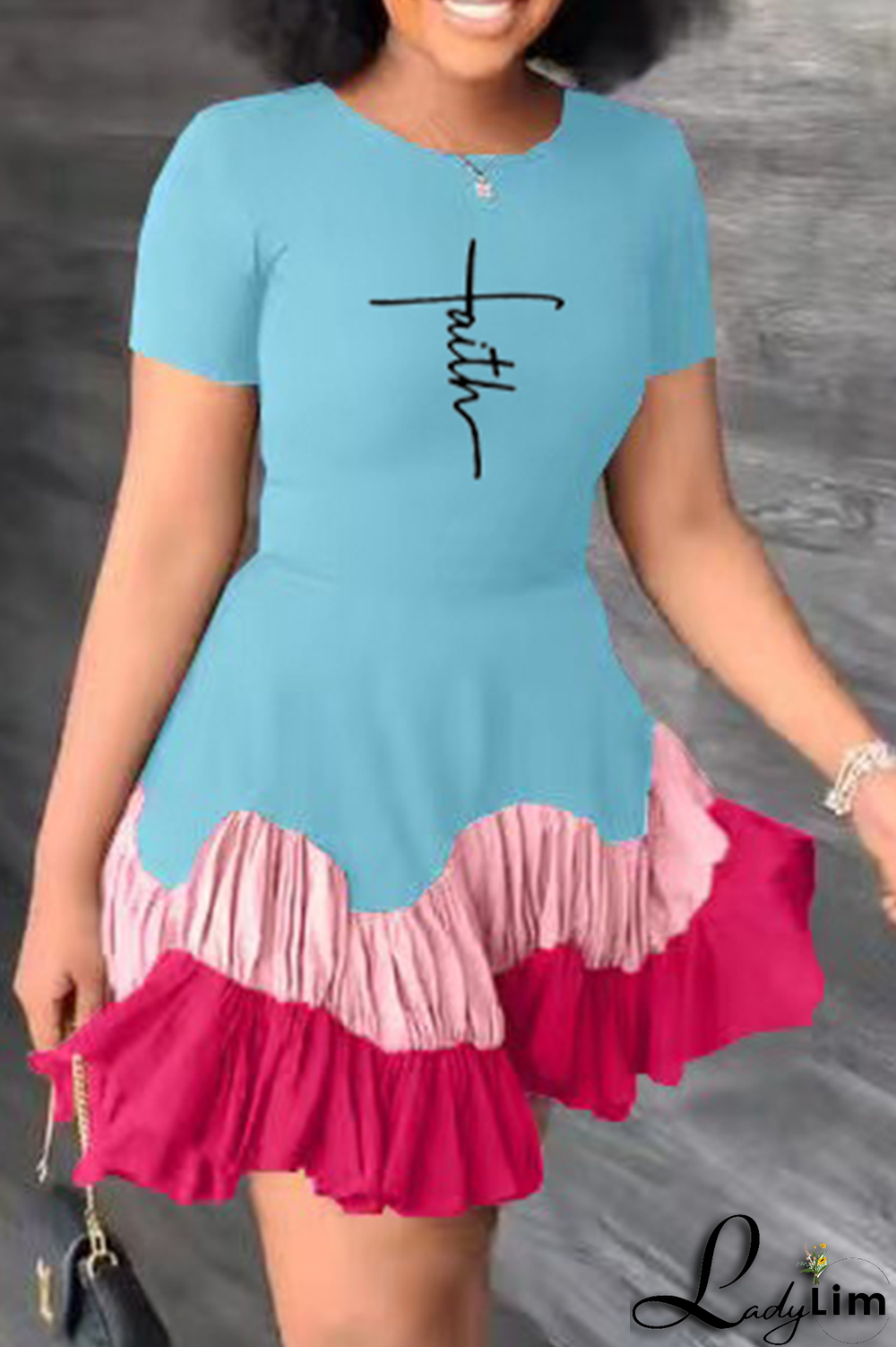 Black Fashion Print Flounce O Neck Cake Skirt Dresses