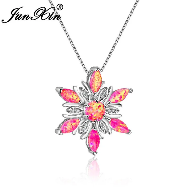 JUNXIN New Stylish Elegant Pink Fire Opal Flower Pendant Necklaces For Women Silver Color Zircon Best Wedding Gift