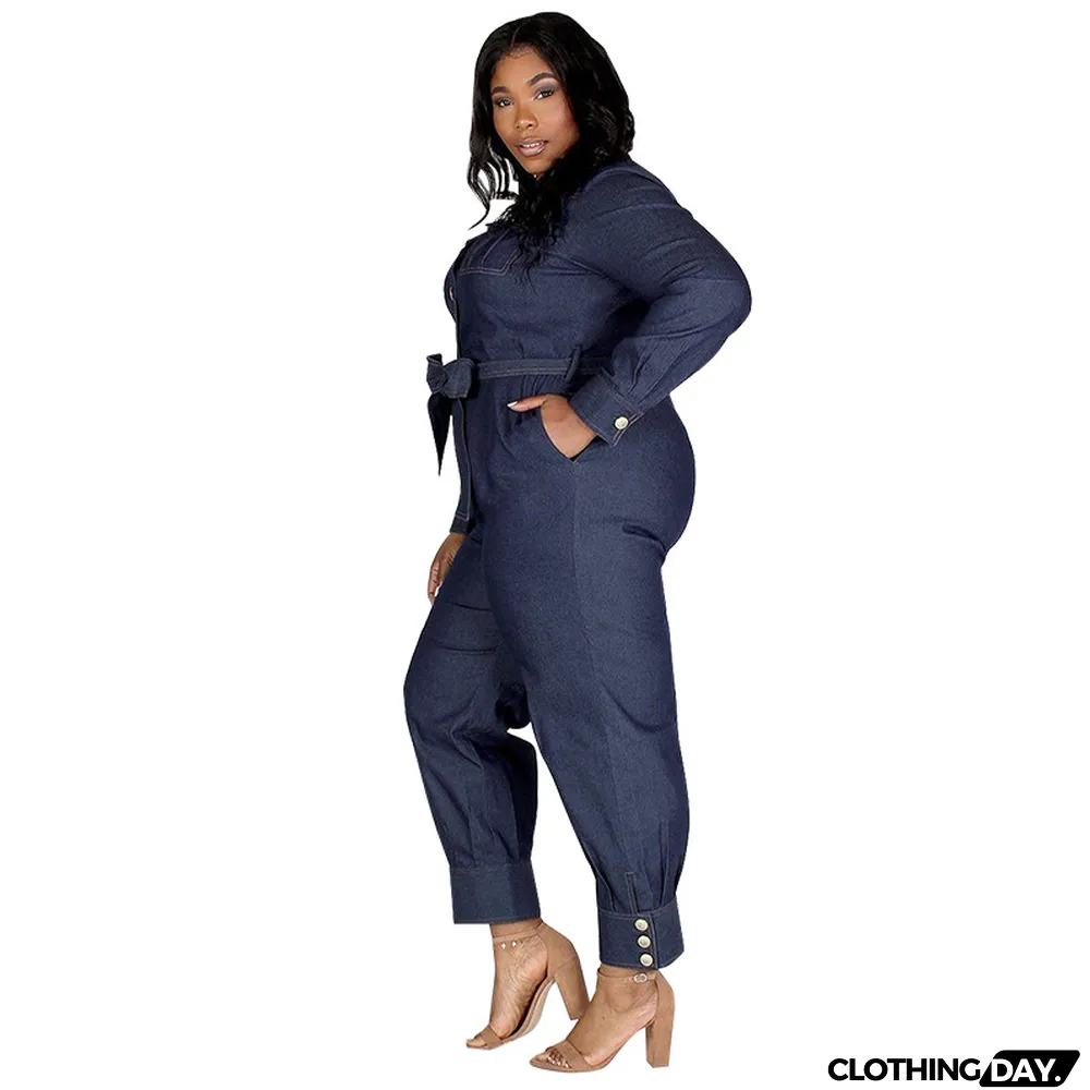 Slim V-Neck Casual Plus Size Women's Denim Jumpsuit
