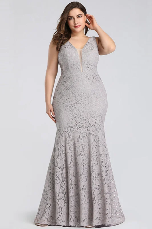 Full Lace V-Neck Sleeveless Mermaid Plus Size Evening Prom Dress Online - lulusllly