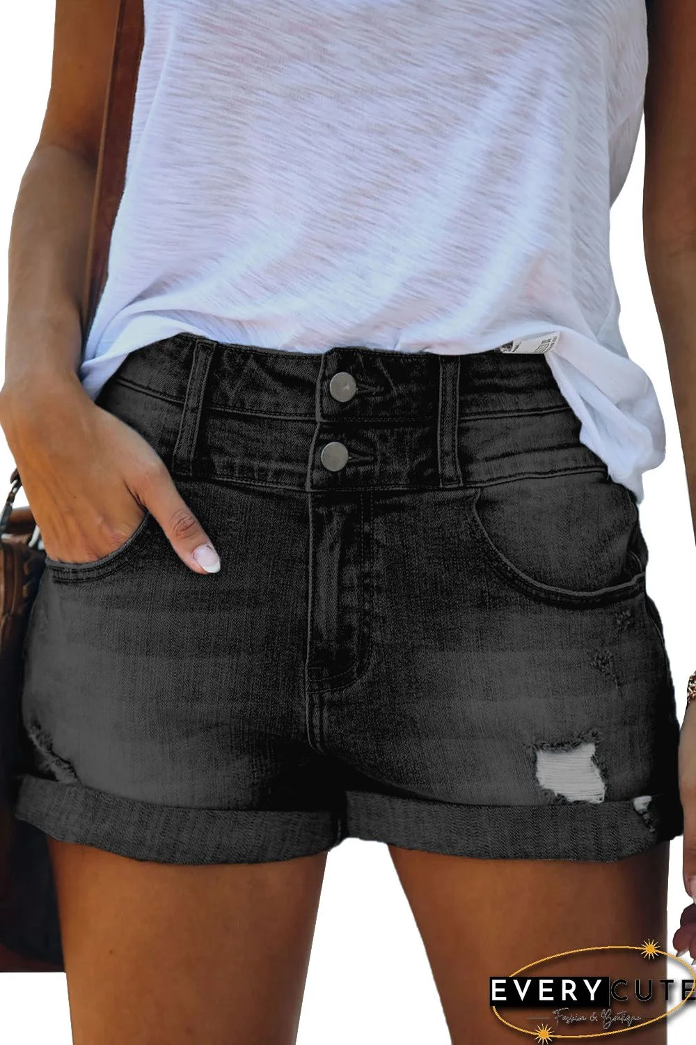 Gray Cuffed High Rise Denim Shorts