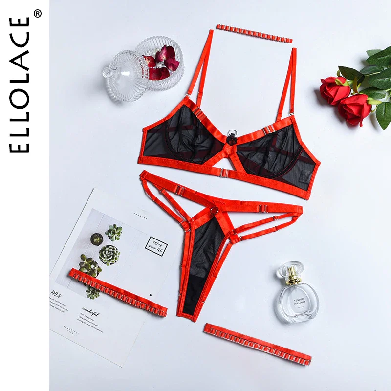 Billionm Ellolace Sensual Erotic Lingerie Patchwork Exotic Sets 4-Pieces Lace Open Crotchless Thongs Whuta Sexy Sheer Bilizna Set