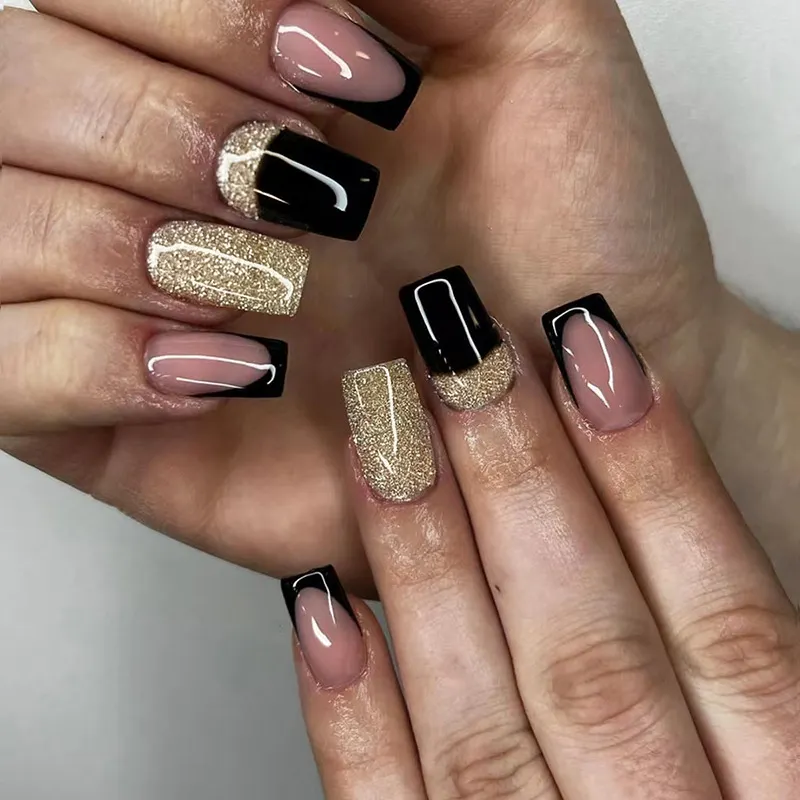 Churchf Churchf And Long European Square Fake Nails Flash Gold Pink Black French Fake Nails Fashion Ins Wind Beauty Nail Piece