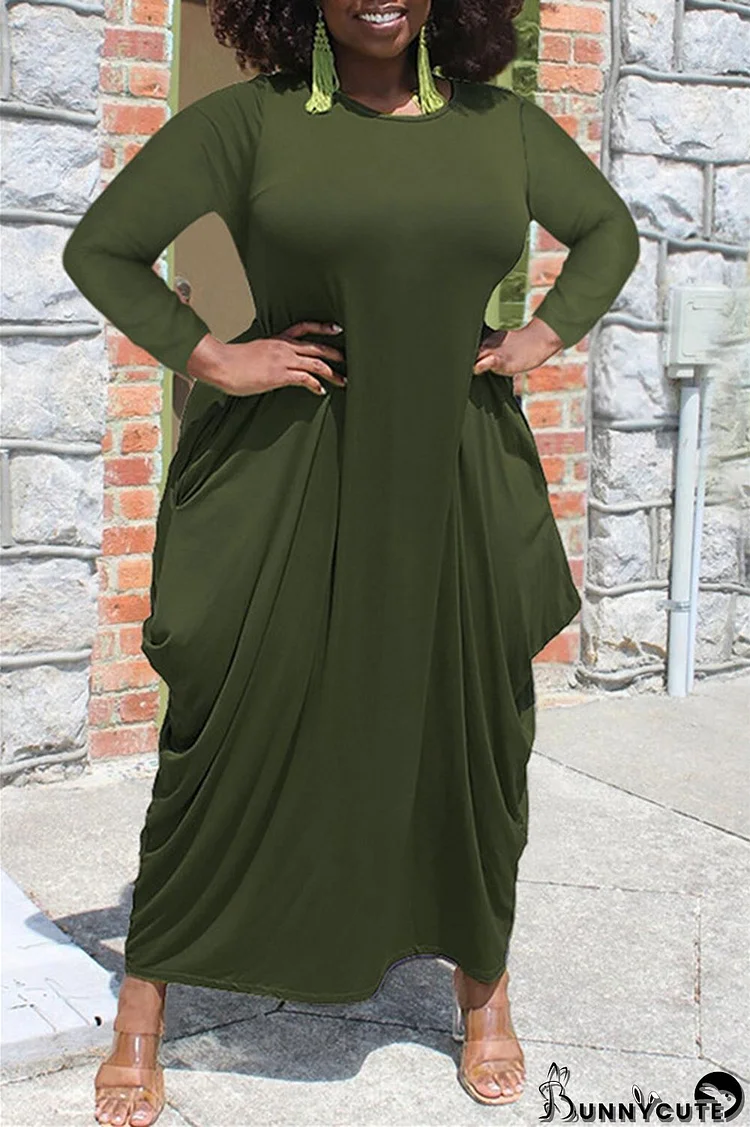 Army Green Fashion Casual Solid Patchwork Basic O Neck Long Sleeve Plus Size Dresses