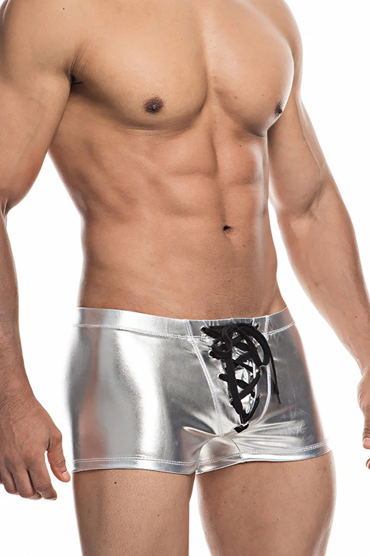 Metallic Coating Crossover Lace-Up Boxers Shorts