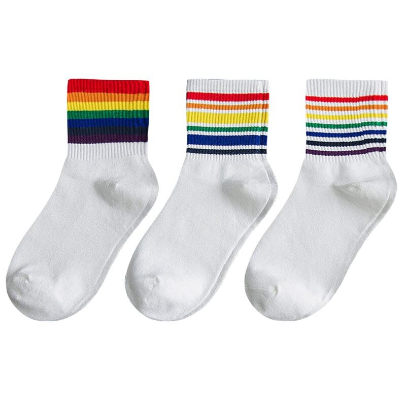 3 Pairs Fashion Women's Socks Cotton Unisex Rainbow Color Women Funny 100 Cotton Harajuku Designer Striped Standard Length Sock