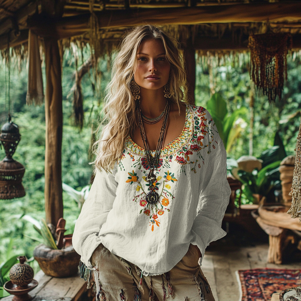 Linen-cotton Blend Bohemian-style Printed Long-sleeved Top - Helixace