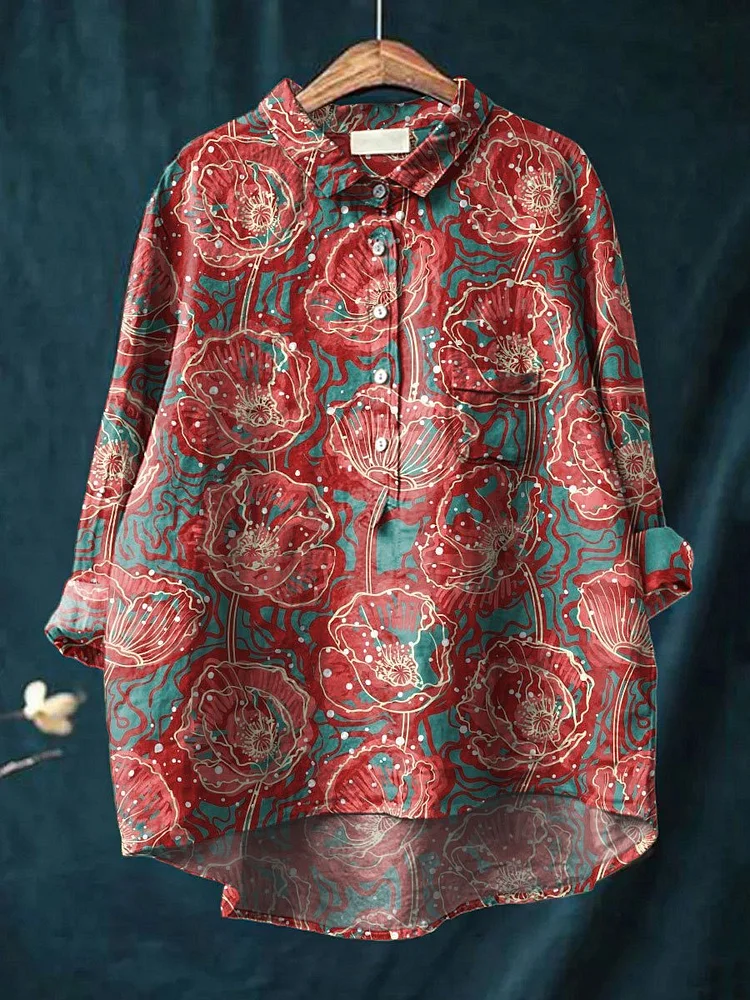 Women's Flower Print Casual Cotton And Linen Shirt