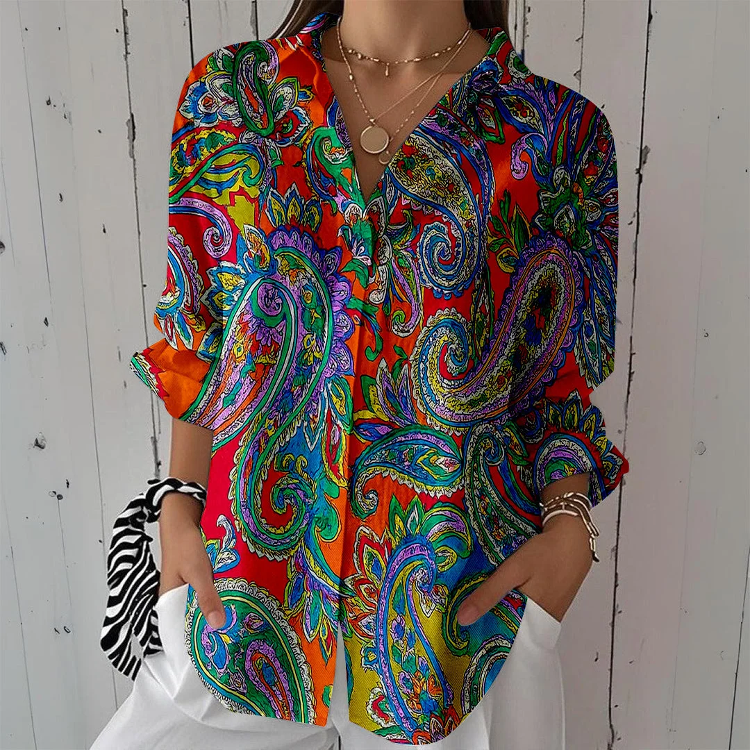 Style & Comfort for Mature Women Women Oil Painting, Pepper Sly Flower, Colorful DZCL0475 3/4 Sleeve Shirt Collar Printed Button Tops