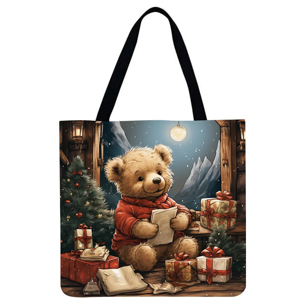 Linen Tote Bag - Christmas Bear