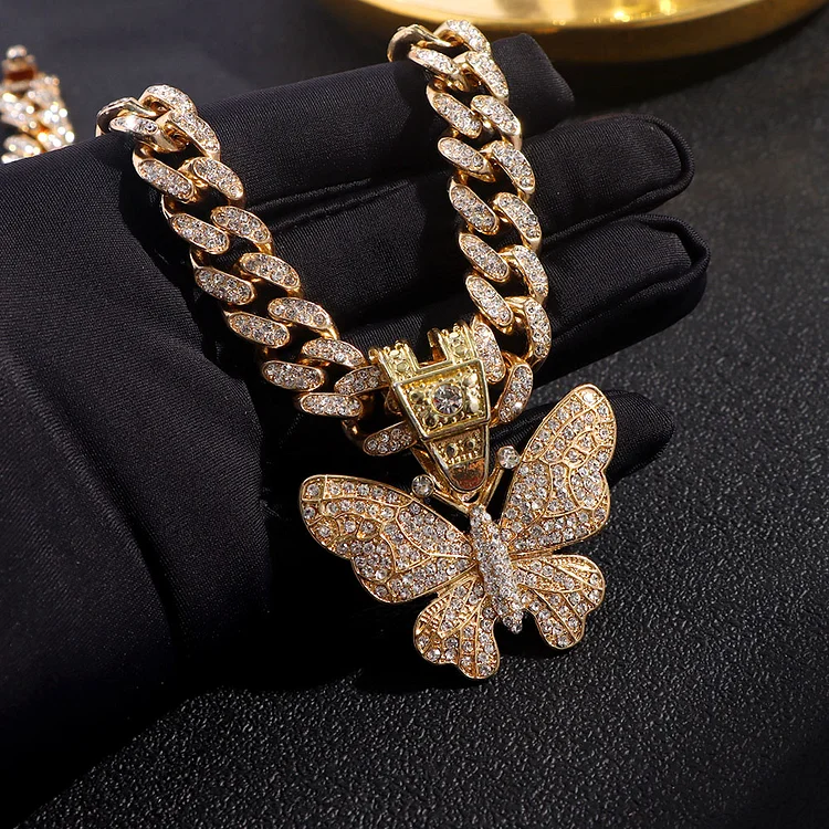 Butterfly Pendant With Iced Out Miami Cuban Link Chain Necklace