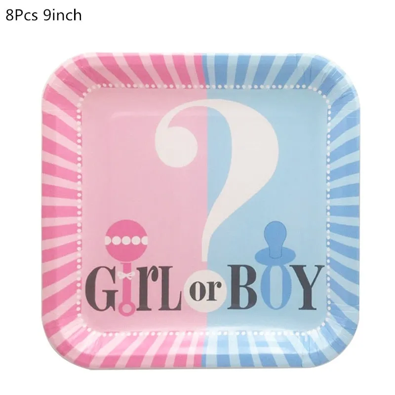 Gender Reveal Disposable Tableware Set Baby Shower Boy Or Girl Plate Napkin Tablecloth Gender Reveal Party Decorations Supplies