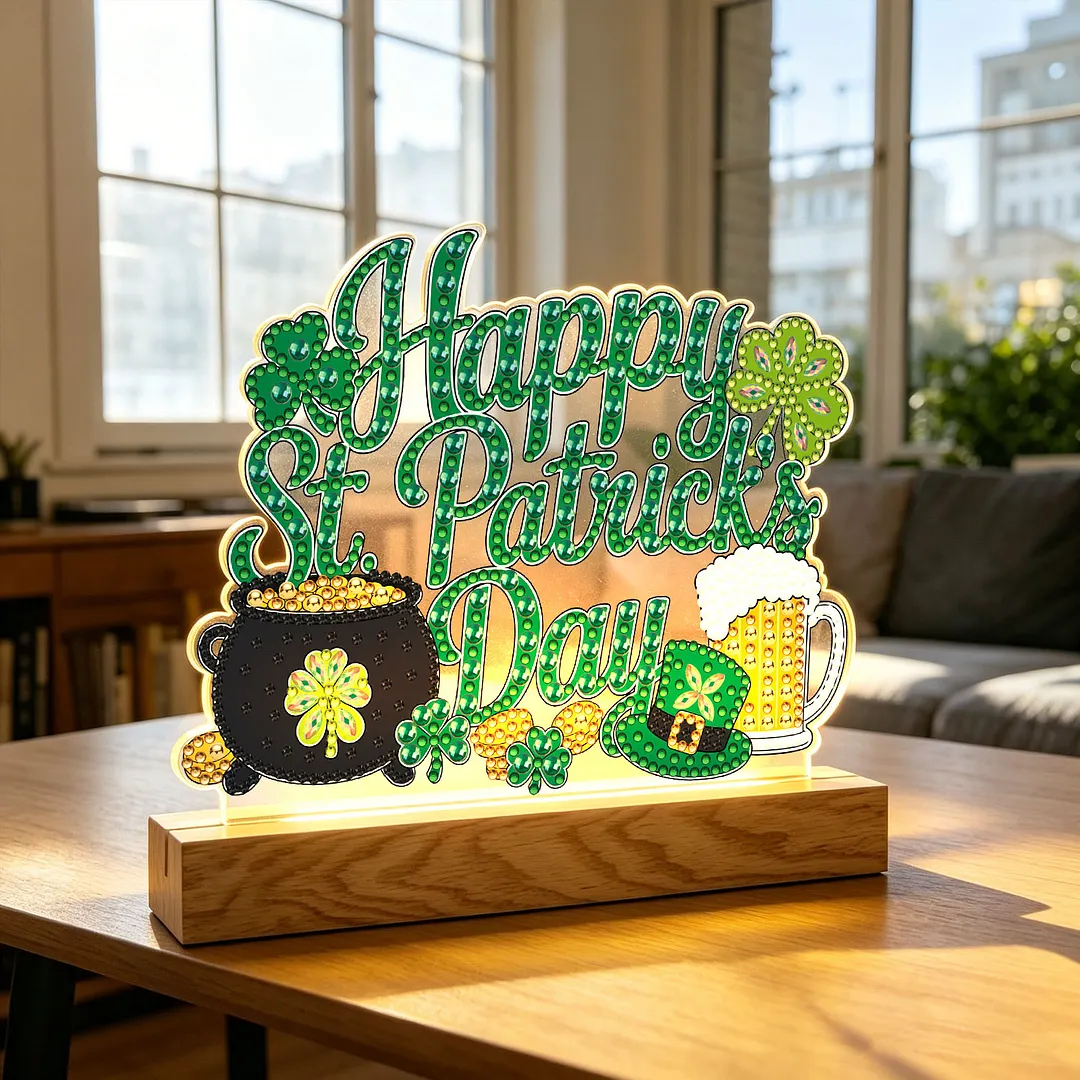 Saint Patrick DIY Acrylic Diamond Painting Night Light for Adults Beginner Diamond Art Table Lamp with Wooden Base for Woman Man Desk Bedroom Tabletop Decor