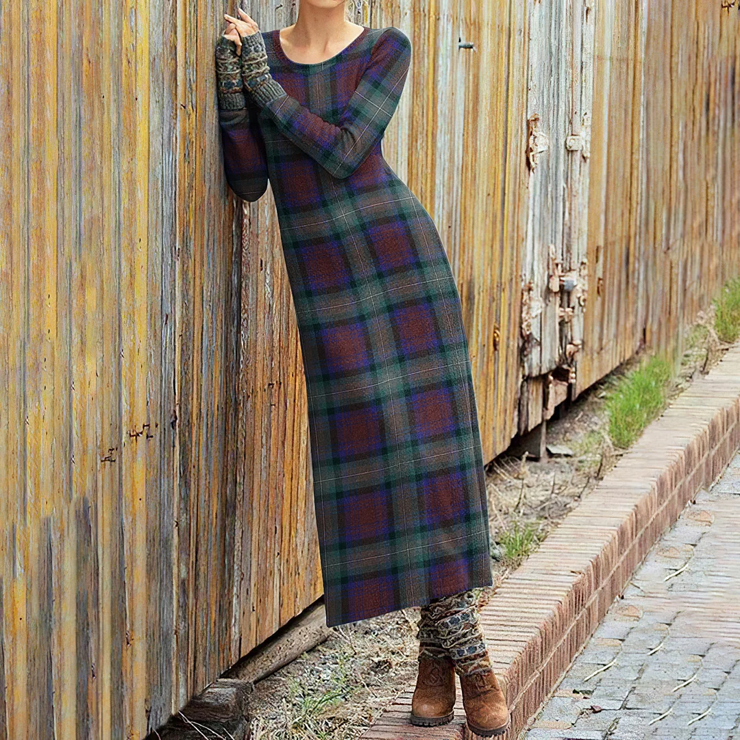 Vintahe Scotland Plaid Crew Neck Long Sleeve Wool Midi Dress