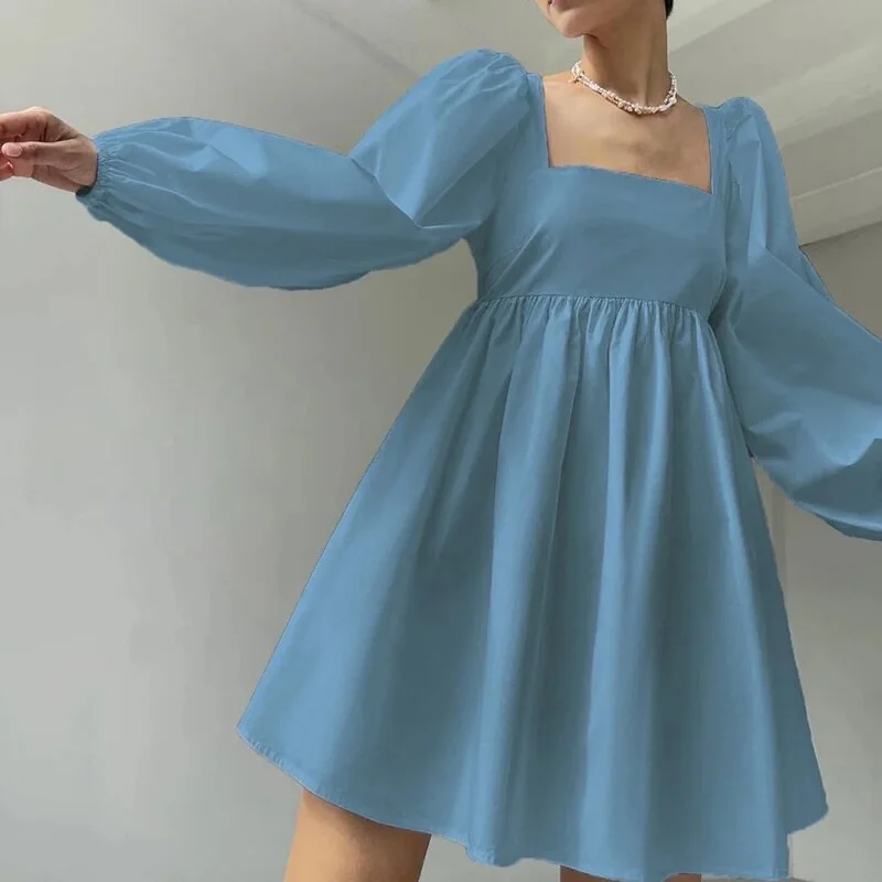Casual Square Collar Bow Bandage A-Line Party Dress Autumn Elegant Lantern Sleeve High Waist Mini Dresses For Women 2023