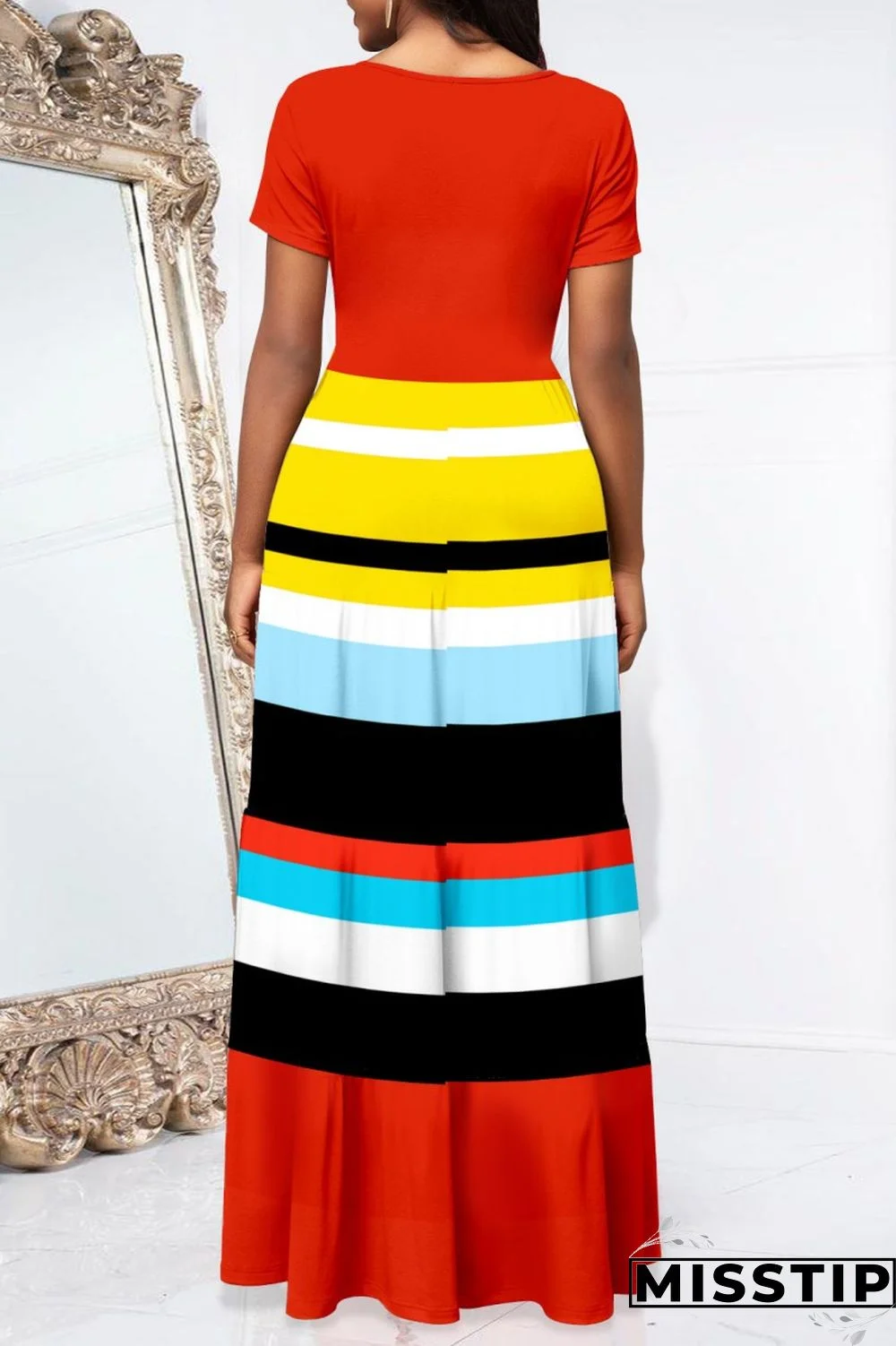 Blue Casual Print Patchwork O Neck Short Sleeve Dress Dresses