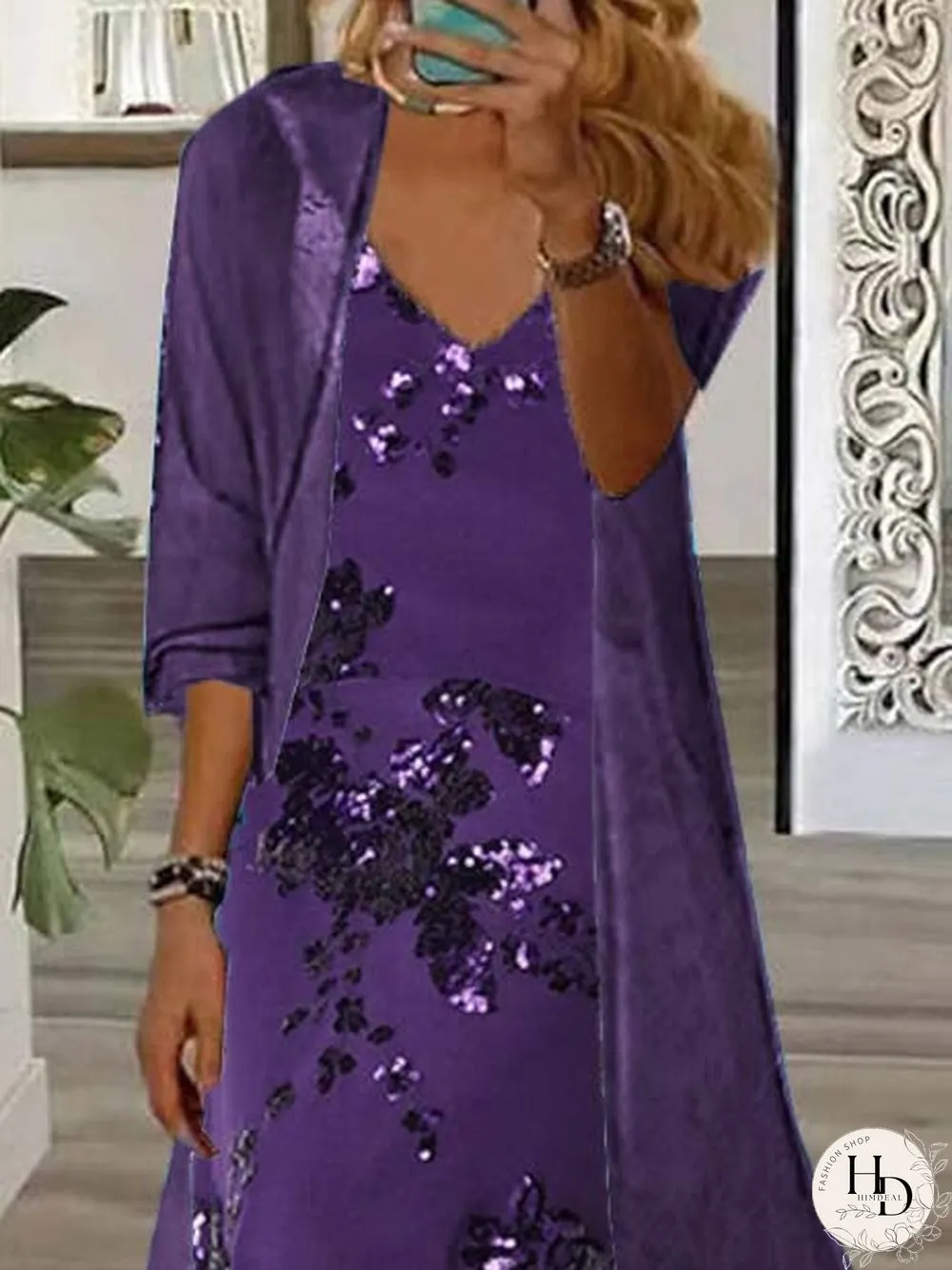 Women's Long Sleeve V-neck Graphic Printed Two Pieces Maxi Dress