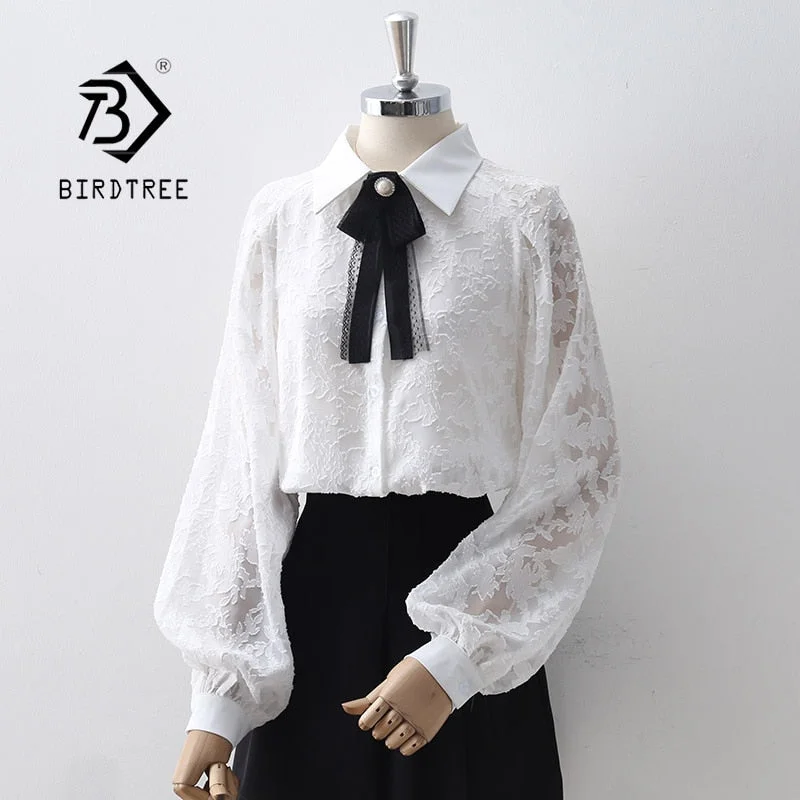 Women Autumn Vintage Lantern Sleeve White Lace Blouse Turn-Down Collar Button Up Elegant Shirts With Bow Fall Spring Basic Tops