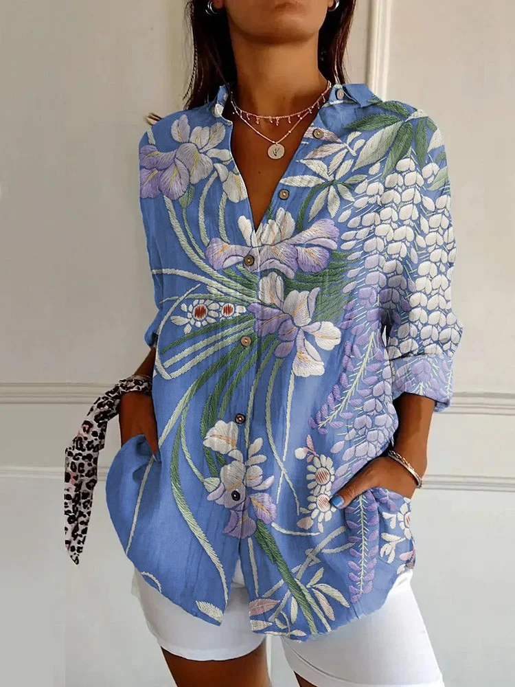 Japanese Classic Blue Flower Print Casual Long-sleeved Shirt