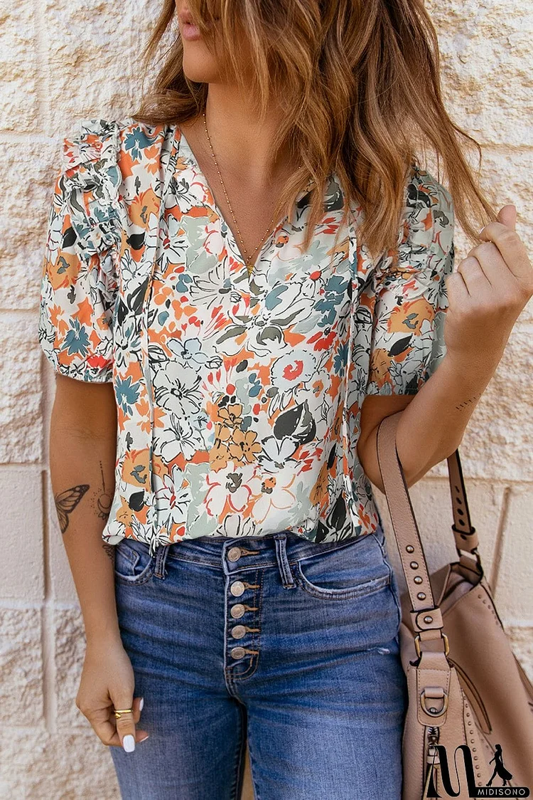 Floral Tie Neck Shoulder Detail Blouse