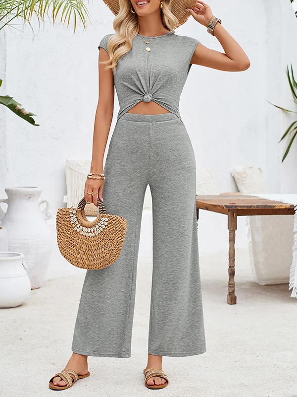 Tied Solid Color Knot Hollow Backless Wide Pants Sleeveless Round-Neck Jumpsuits