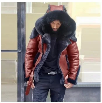 Uveng Uveng Men's Imitation Leather Plus Thick Fur One Short Zipper Coat Hooded Men's Coat