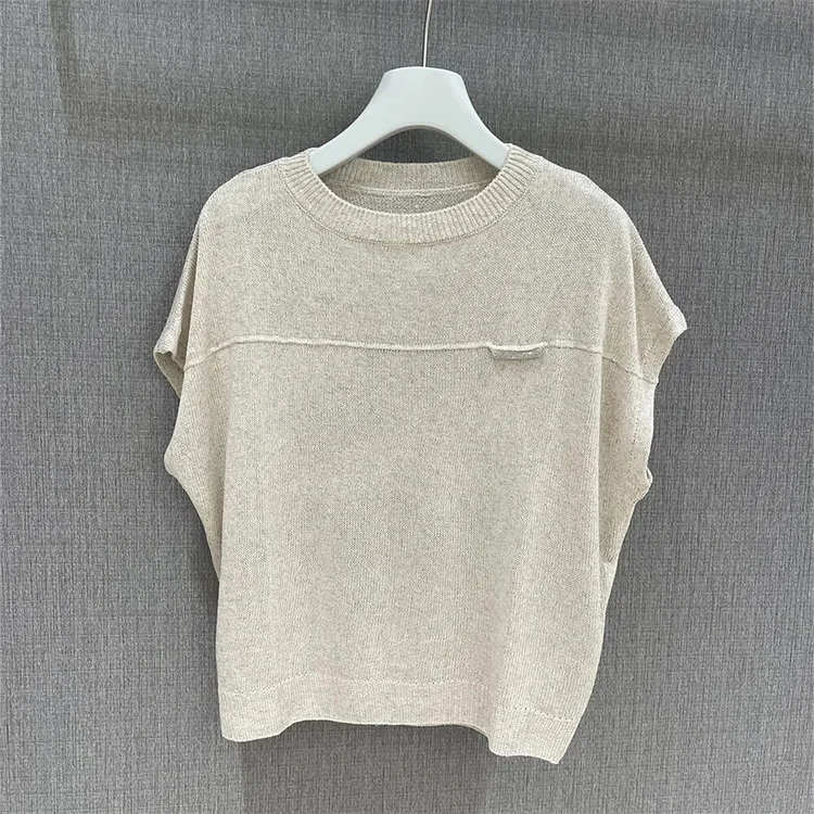 Dabasmedia Summer 2025 Women's Knit Short Sleeve T-Shirts Sequin Beading Loose Casual O-neck Knitted Tshirt for Lady