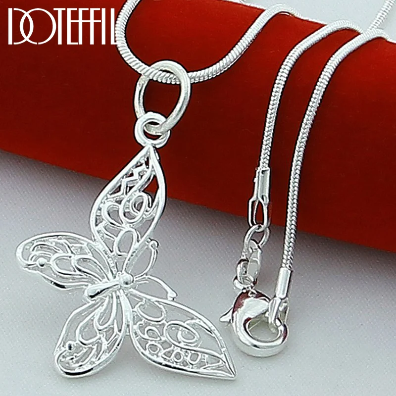 DOTEFFIL 925 Sterling Silver Butterfly Pendant Necklace 18/20/22/24/28/30 inch Snake Chain For Women Jewelry