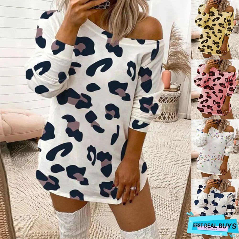 Sexy Leopard Print Off Shoulder Long Sleeve T-Shirt Dress Women White Dresses