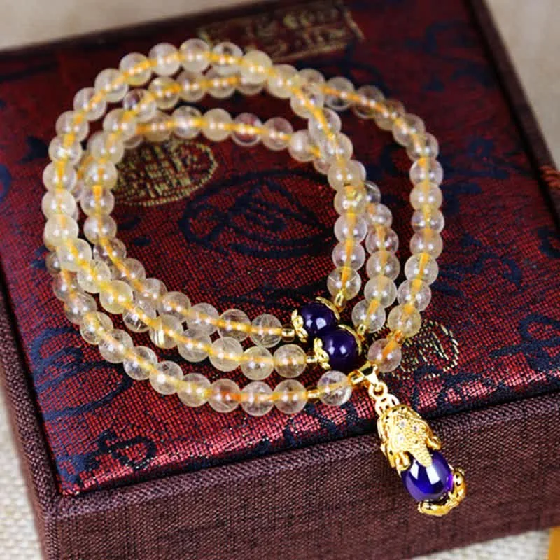 Citrine Amethyst PiXiu 108 Beads Four Leaf Clover Mala Happiness Protection Bracelet