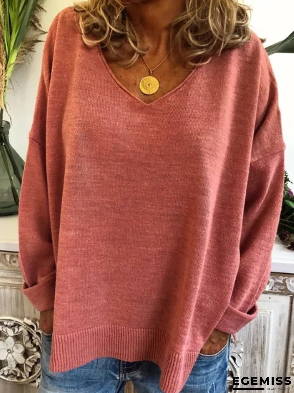 Beige Knitted Long Sleeve Casual Plus Size Sweater | EGEMISS