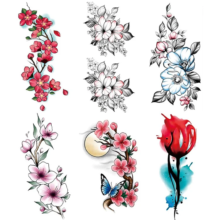 6 Sheets Penoy flower Watercolor Temporary Tattoo Sticker
