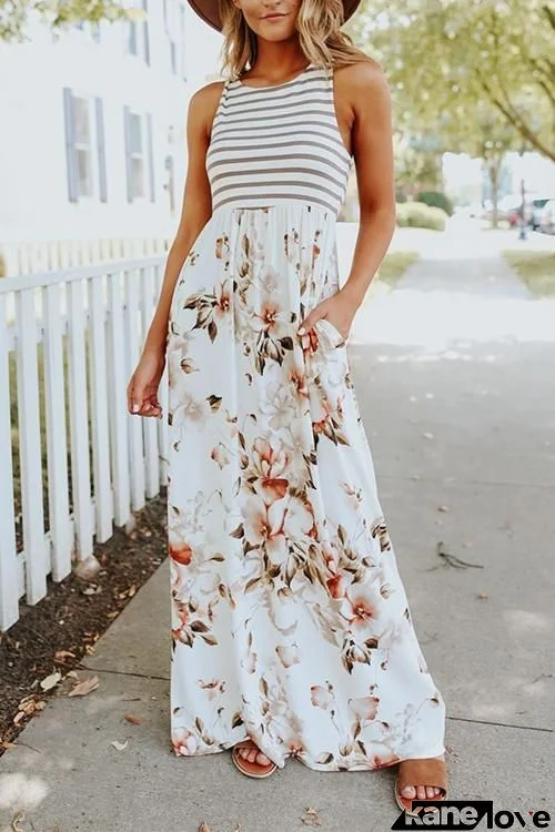 Floral Print Pocket Sleeveless Maxi Dress