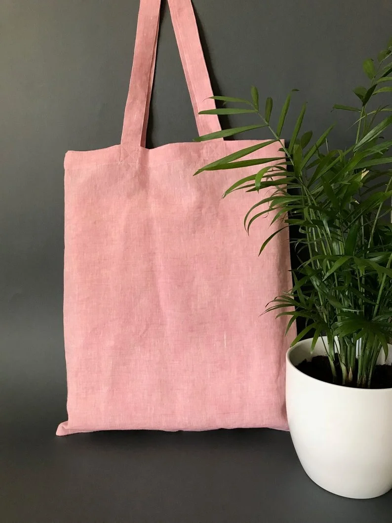 Pink Linen Customize Logo Tote Reusable Cotton Women Storage Shopping Bag Beach Handbags soild casual