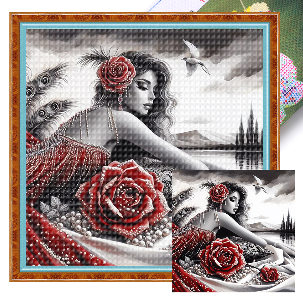 Rose Woman Full 11CT Pre-stamped Canvas(45*45cm) Cross Stitch