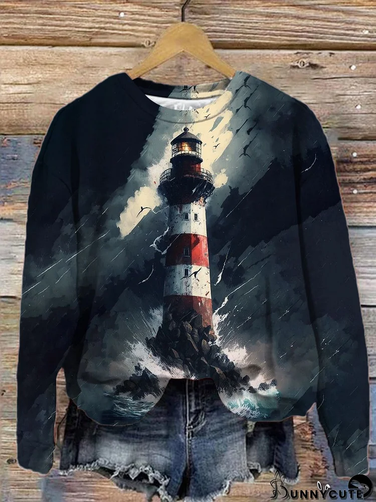 Women's Lighthouse Print Crew Neck Long Sleeve Top