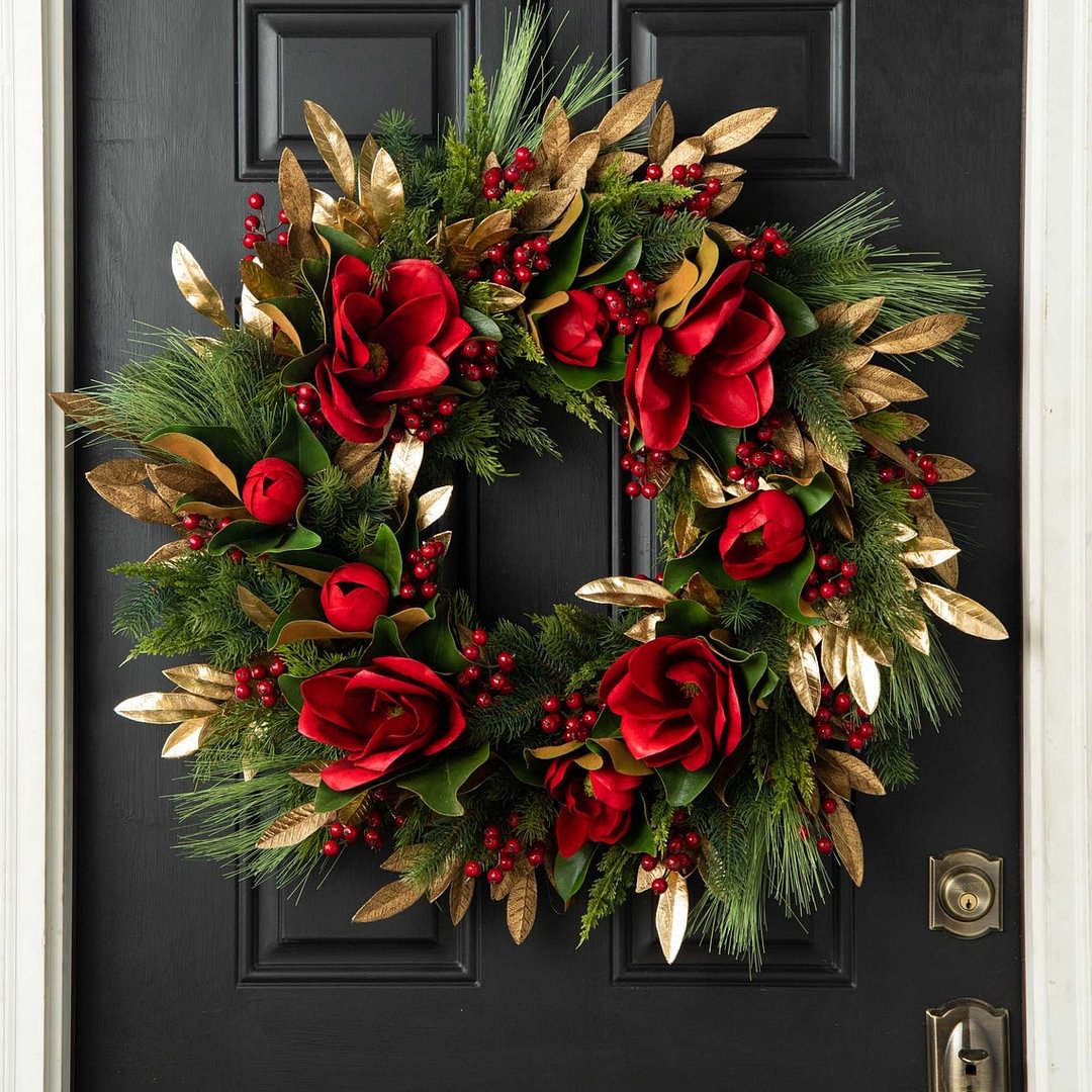 Red Real Touch Magnolia, Antique Gold Eucalyptus & Red Berry Front Door Christmas Estate Door Decor