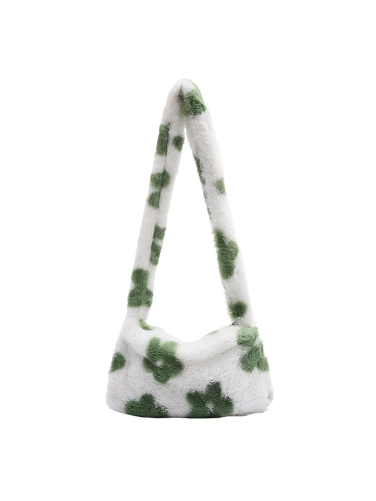 Retro Women Flower Print Shoulder Underarm Bag Winter Plush Purse (Green)