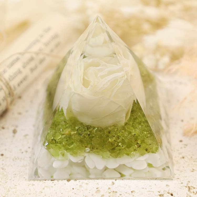 Fresh Air - White Rose With Peridot White Jade Orgone Pyramid