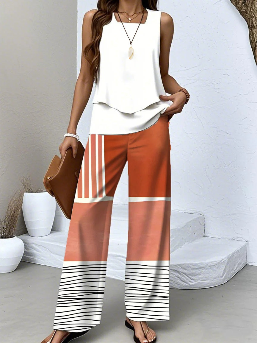 Women's Sleeveless Square Collar Striped Graphic Printed Casual Set