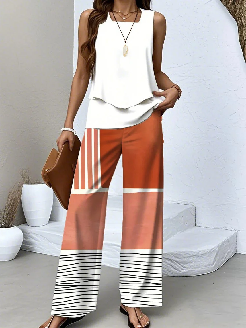 Women's Sleeveless Square Collar Striped Graphic Printed Casual Set