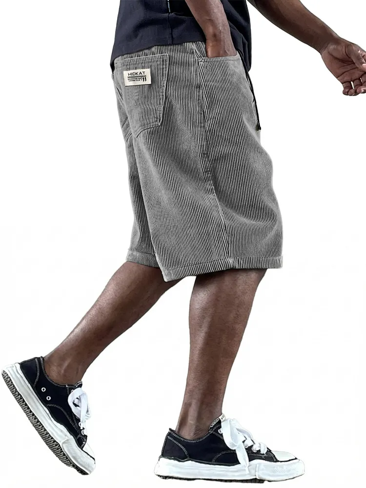 Men's Casual Retro Multi Pocket Embroidered Logo Workwear Corduroy Shorts-Customized products
