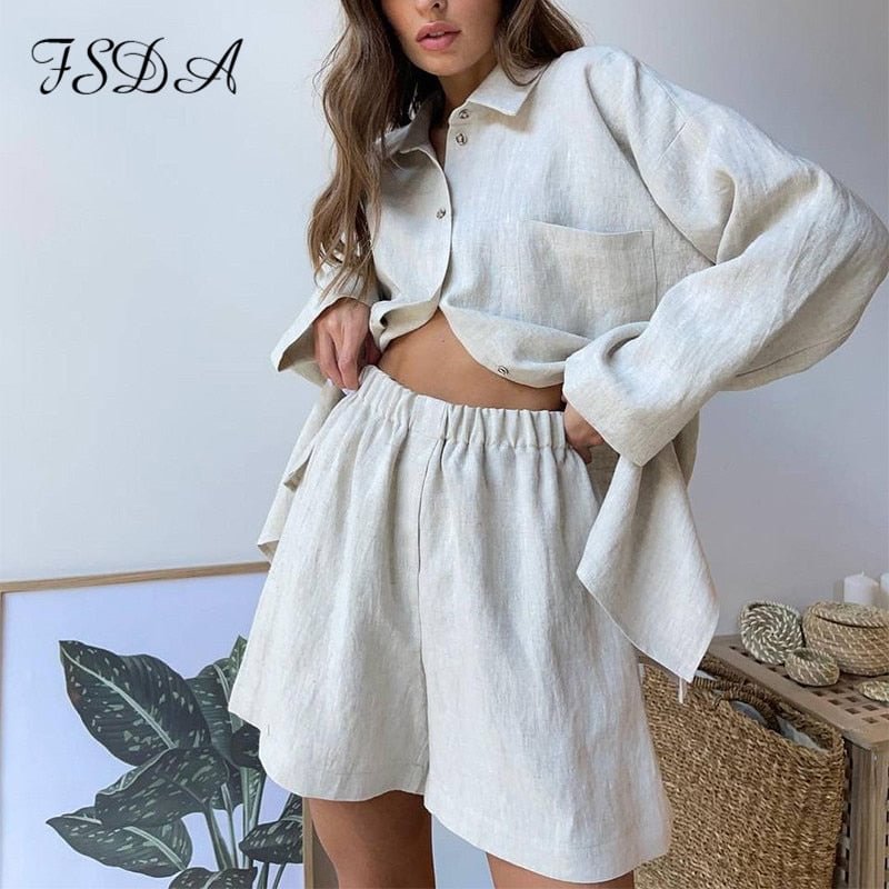 FSDA 2021 Summer Casual Women Long Sleeve Top Shirts And Shorts Set Mini Loose Two Piece Sets Khaki Loung Wear Oversized