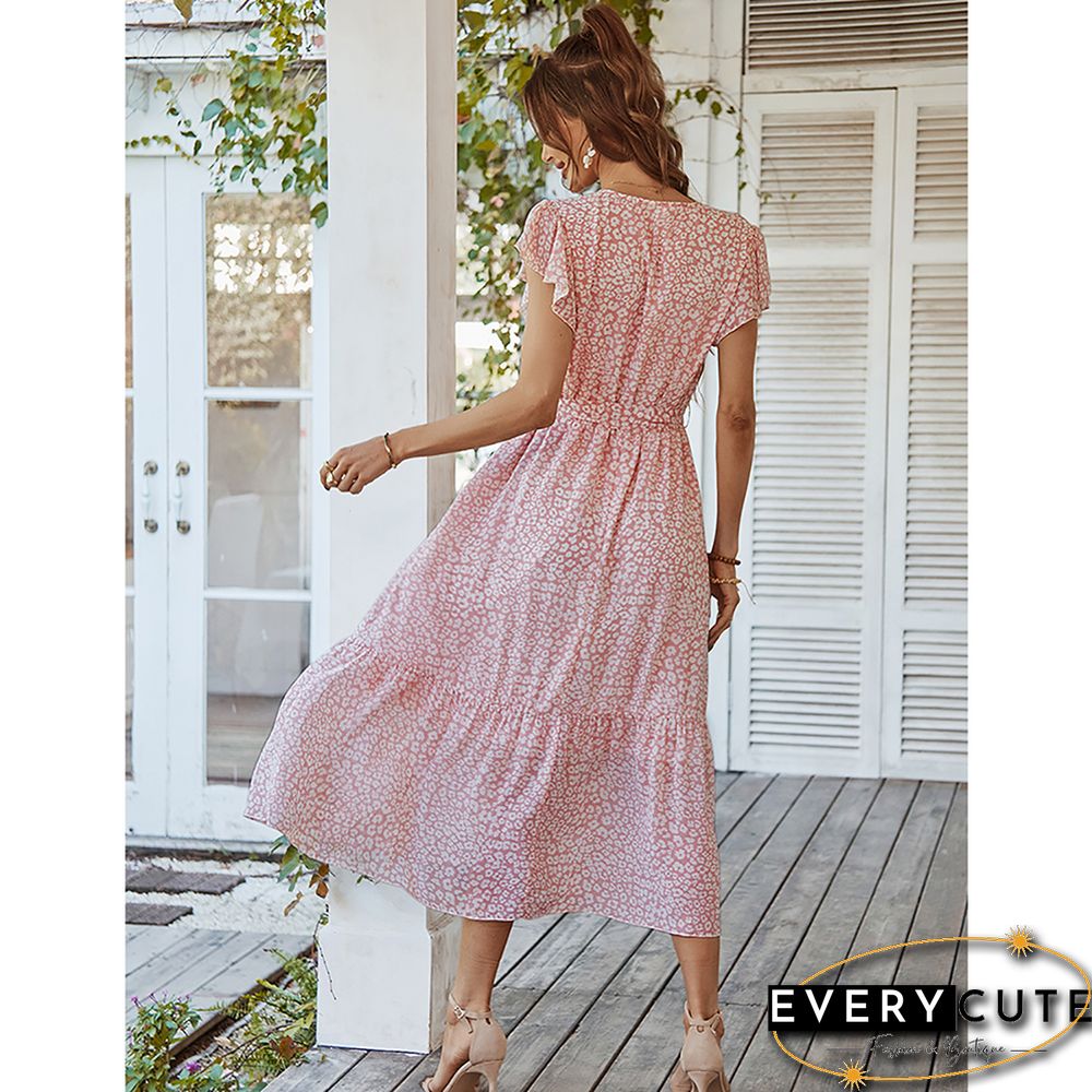 Pink V Neck Ruffle Detail Tie Waist Floral Dress