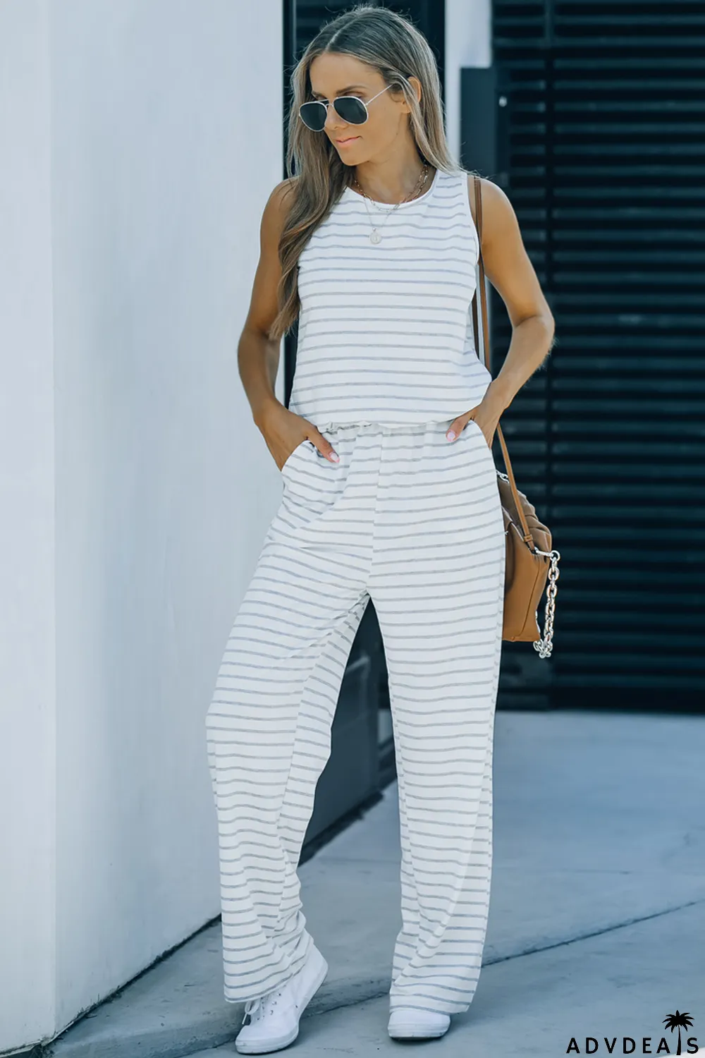 White Striped Print Pocketed Sleeveless Jumpsuit