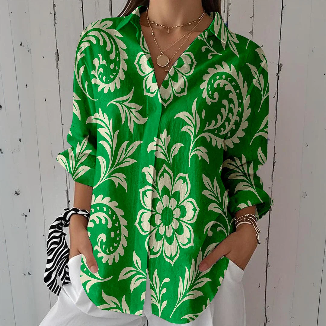 Style & Comfort for Mature Women Women Floral, Green DZCL0162 3/4 Sleeve Shirt Collar Printed Button Tops