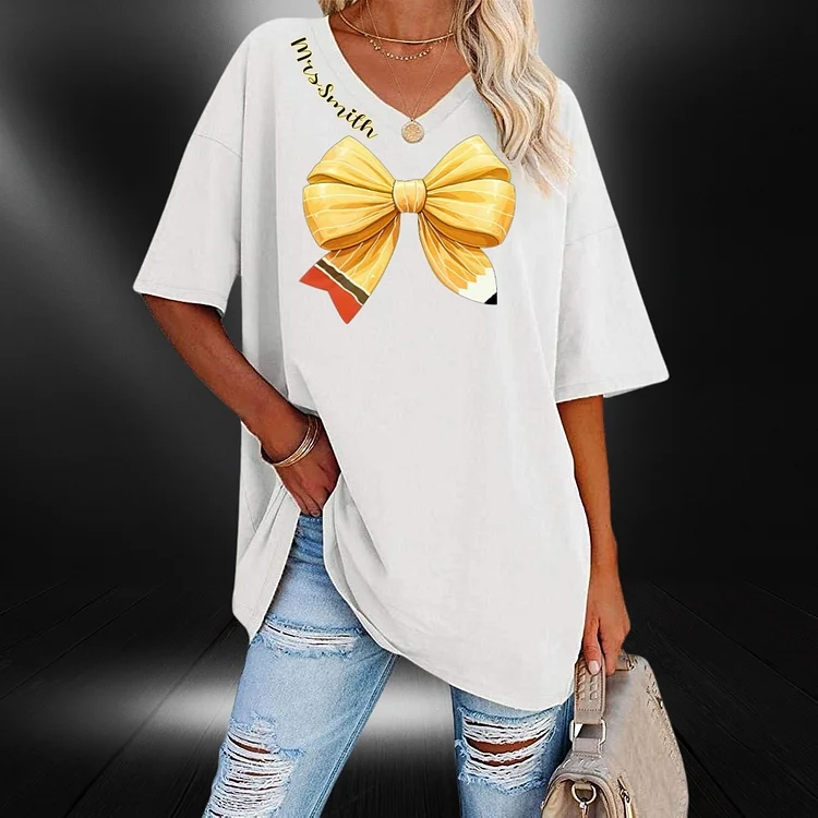 Teacher Pencil Coquette Bow Vneck T-shirt, Teach Love Inspire shirt Teacher Gift, Back To School, Teacher Appreciation Gift