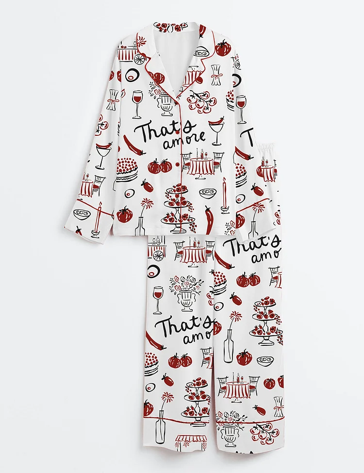 Women&rsquo;s Hand Drawn Whimsical Illustrations Of Italian Food Italian Wedding Print Long Sleeve Satin Pajama Set