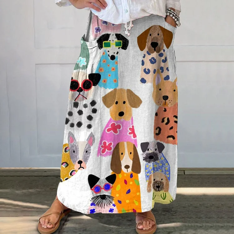 Women's Minimalist Colorful Cartoon Puppy Pocket Skirt